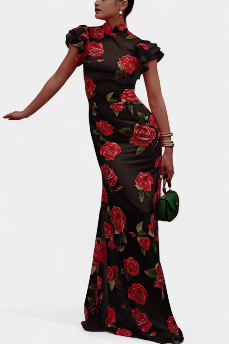 Ariadna – Vestido Qipao con Estampado de Rosas Moderno y Sofisticado