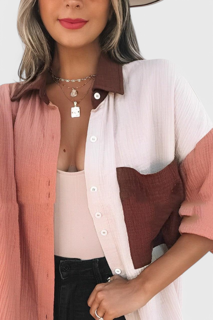 Clara – Blusa de Botones en Bloque de Color para un Estilo Audaz y Refinado