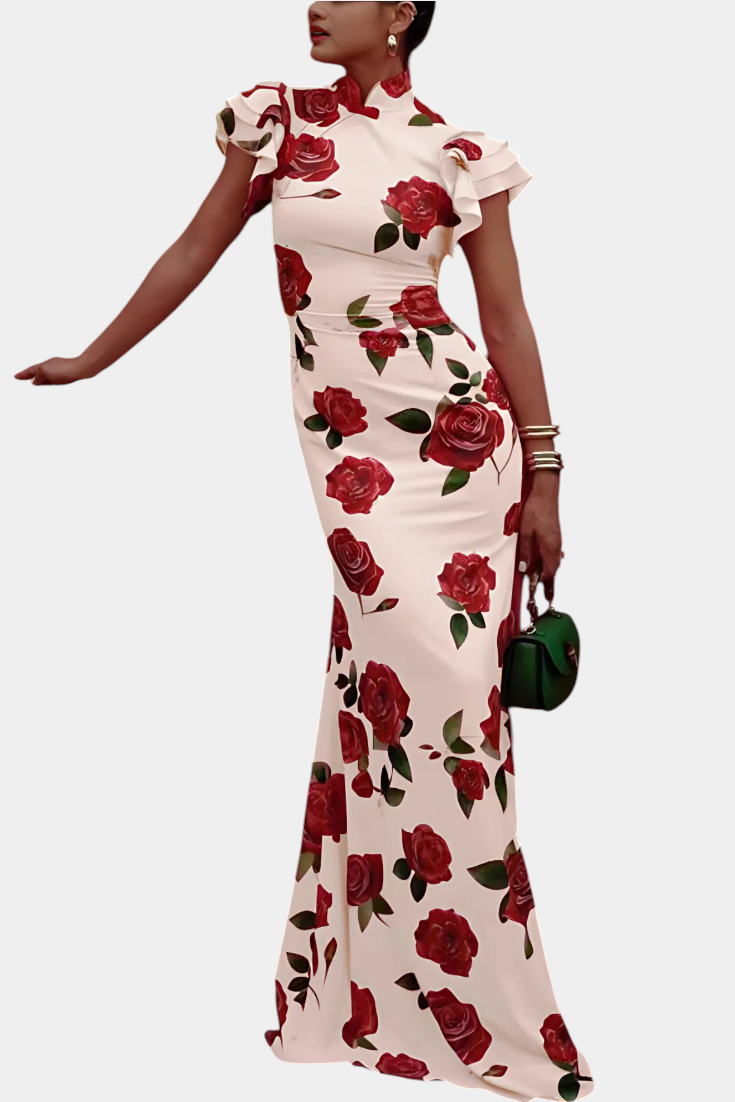 Ariadna – Vestido Qipao con Estampado de Rosas Moderno y Sofisticado