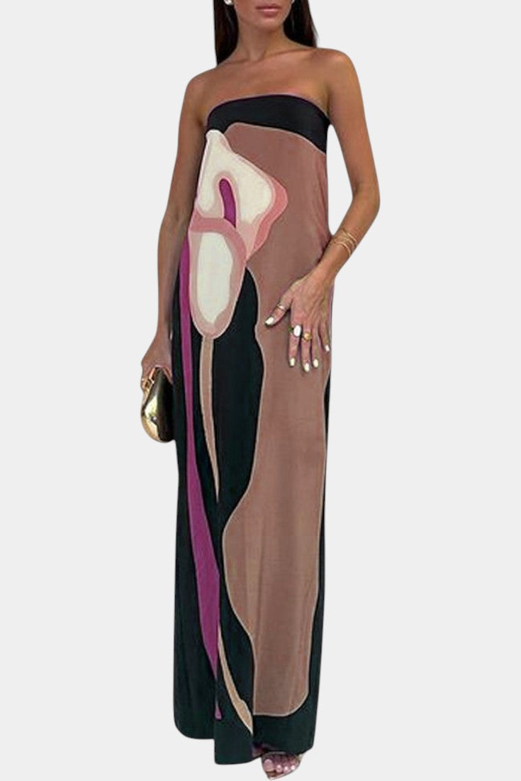 Adriana – Vestido Maxi Sin Tirantes con Estampado Floral para Días Soleados