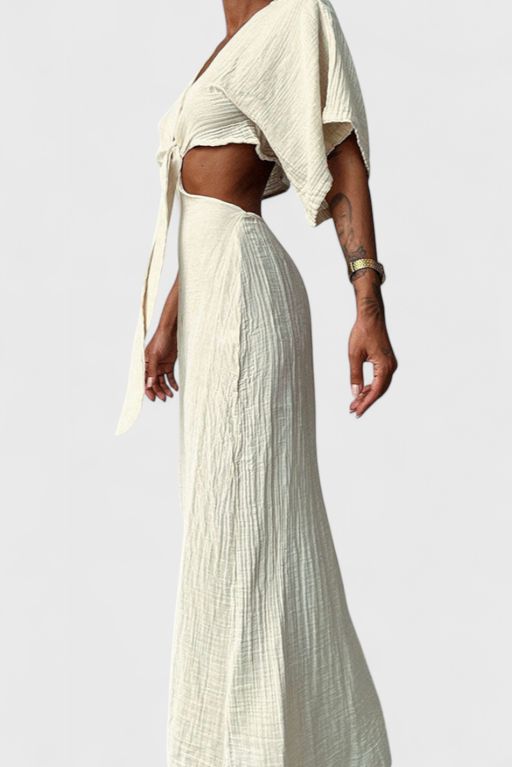 Nerea – Vestido Fluido con Lazo Frontal y Cut-Outs, Elegancia y Comodidad para Cada Ocasión