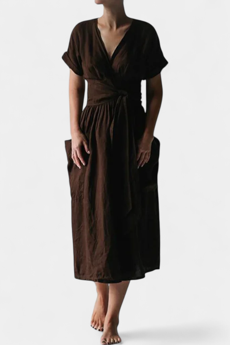 Claudia – Vestido de Algodón con Escote en V y Cintura Ajustable para una Elegancia Confortable