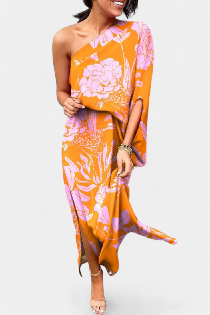 Luzia – Vestido de Un Hombro con Estampado Romántico y Elegante