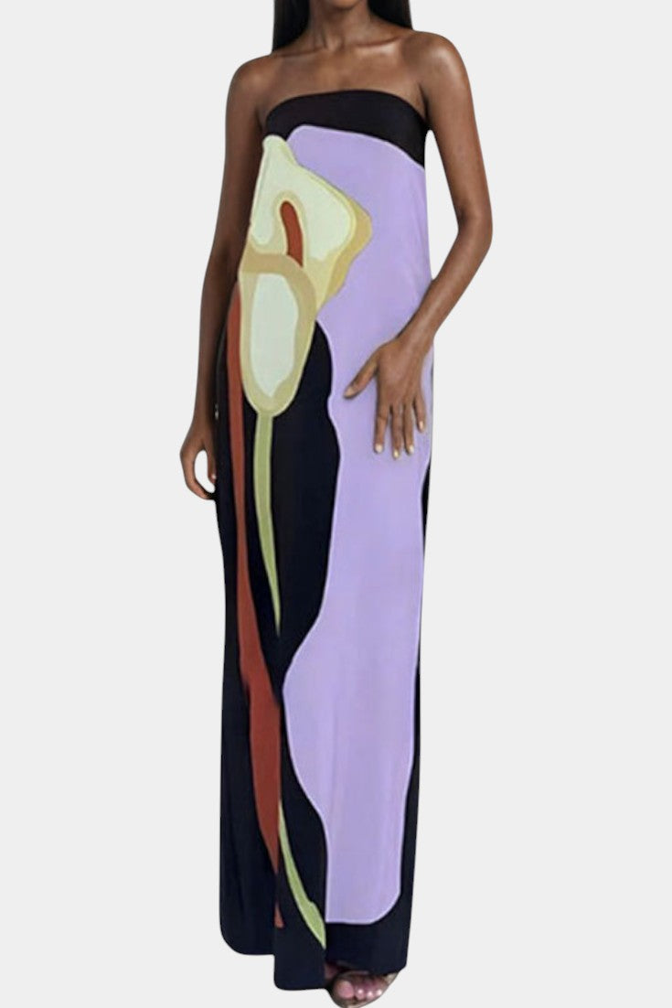 Adriana – Vestido Maxi Sin Tirantes con Estampado Floral para Días Soleados