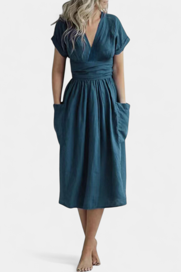 Claudia – Vestido de Algodón con Escote en V y Cintura Ajustable para una Elegancia Confortable