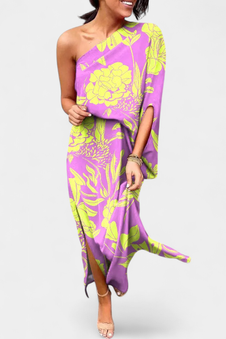 Luzia – Vestido de Un Hombro con Estampado Romántico y Elegante