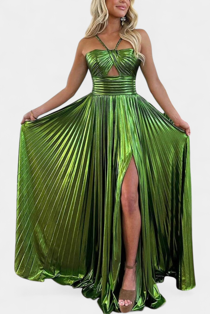 Clara – Vestido Maxi Metálico con Estilo Elegante y Brillante