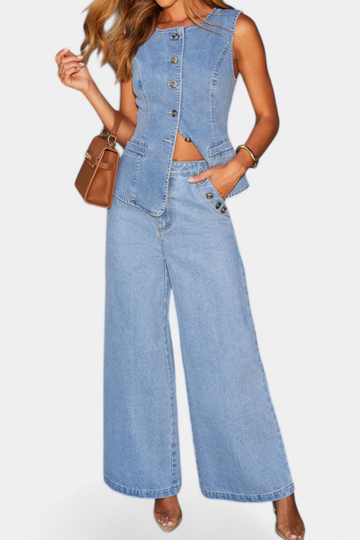 Mariana – Conjunto de Denim Chic con Chaleco Elegante y Jeans de Pierna Ancha