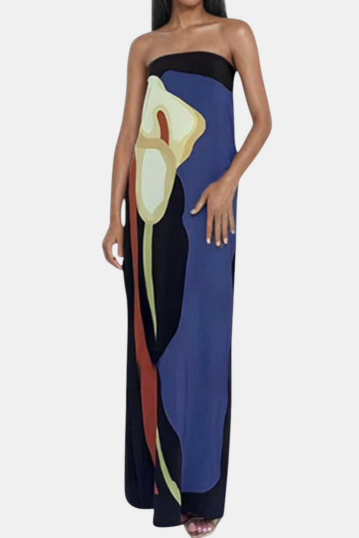 Adriana – Vestido Maxi Sin Tirantes con Estampado Floral para Días Soleados