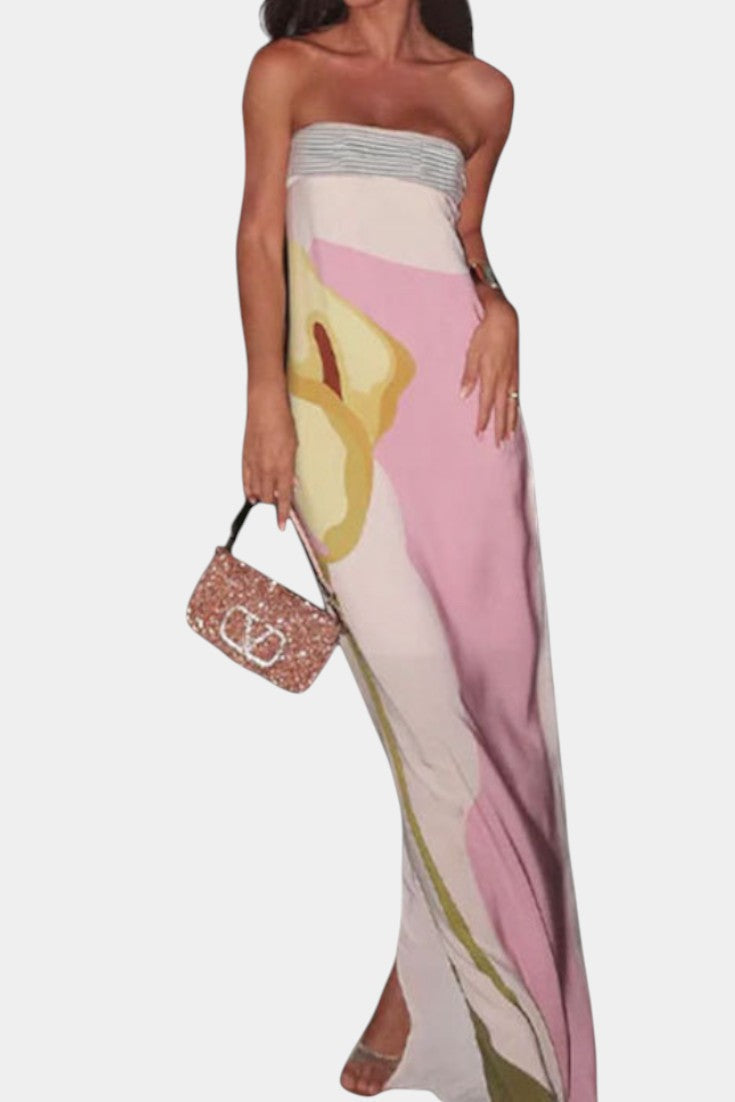 Adriana – Vestido Maxi Sin Tirantes con Estampado Floral para Días Soleados