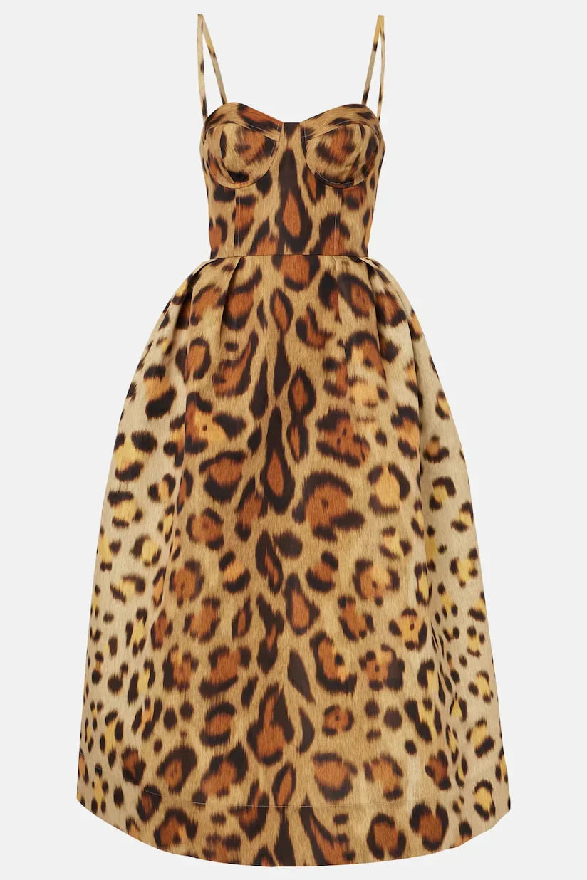 Claudia – Vestido Midi Bustier Leopardo Para Brillar Con Estilo