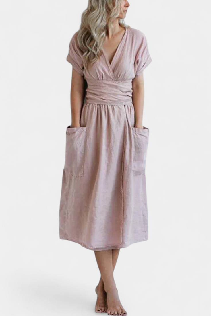Claudia – Vestido de Algodón con Escote en V y Cintura Ajustable para una Elegancia Confortable