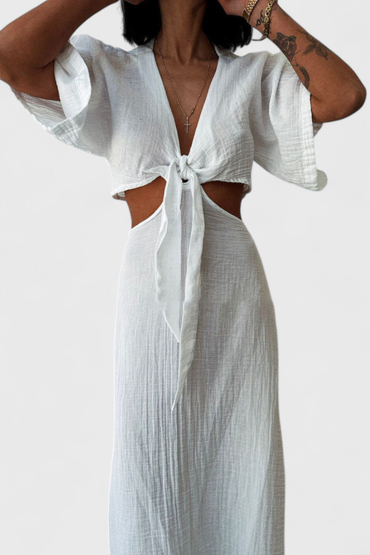Nerea – Vestido Fluido con Lazo Frontal y Cut-Outs, Elegancia y Comodidad para Cada Ocasión
