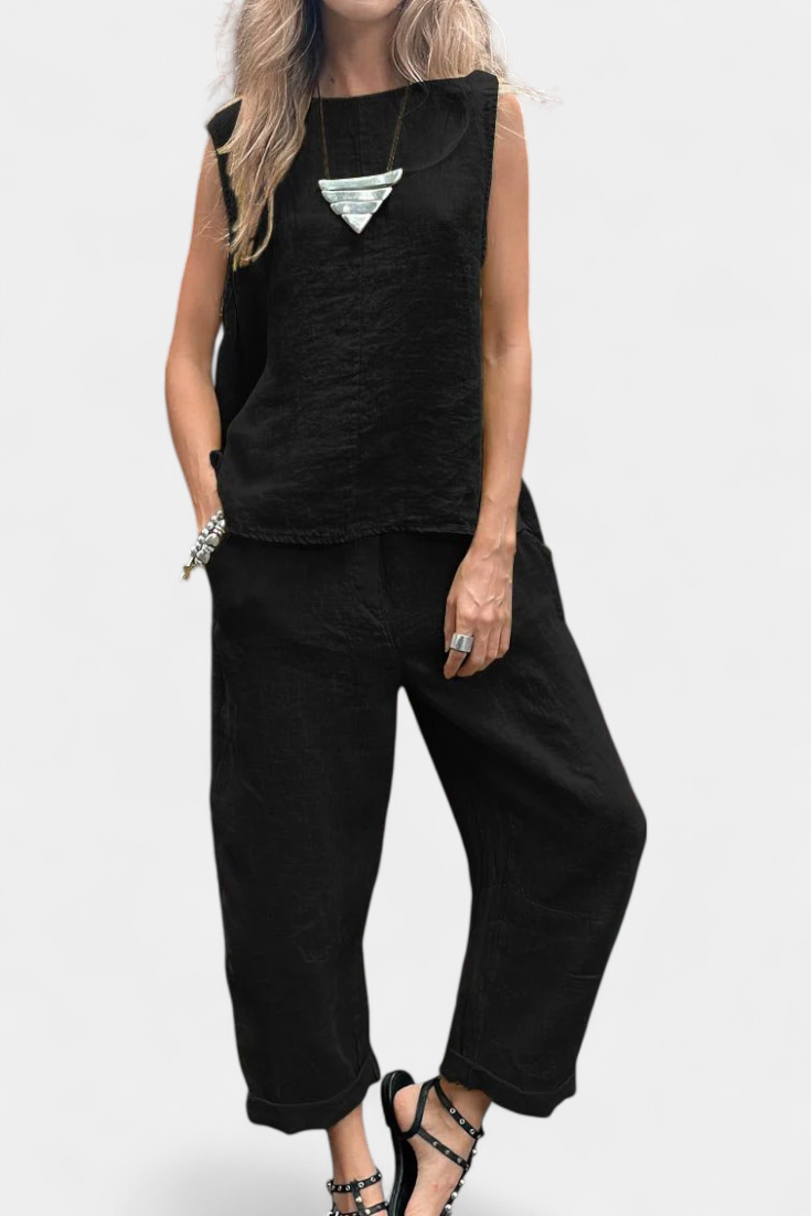 Lola – Conjunto de Chaleco y Pantalón Sin Mangas en Algodón Lino con Estilo Único y Elegante