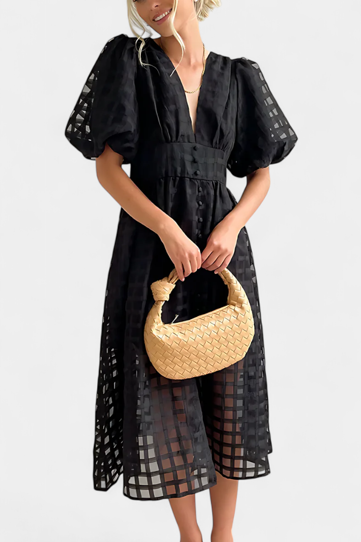 Claudia – Vestido Midi Con Manga Abullonada Y Diseño Elegante Para Brillar Con Estilo