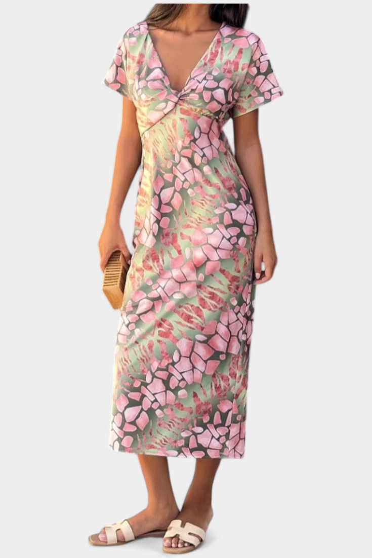 María – Vestido Elegante con Estampado Moderno y Escote en V