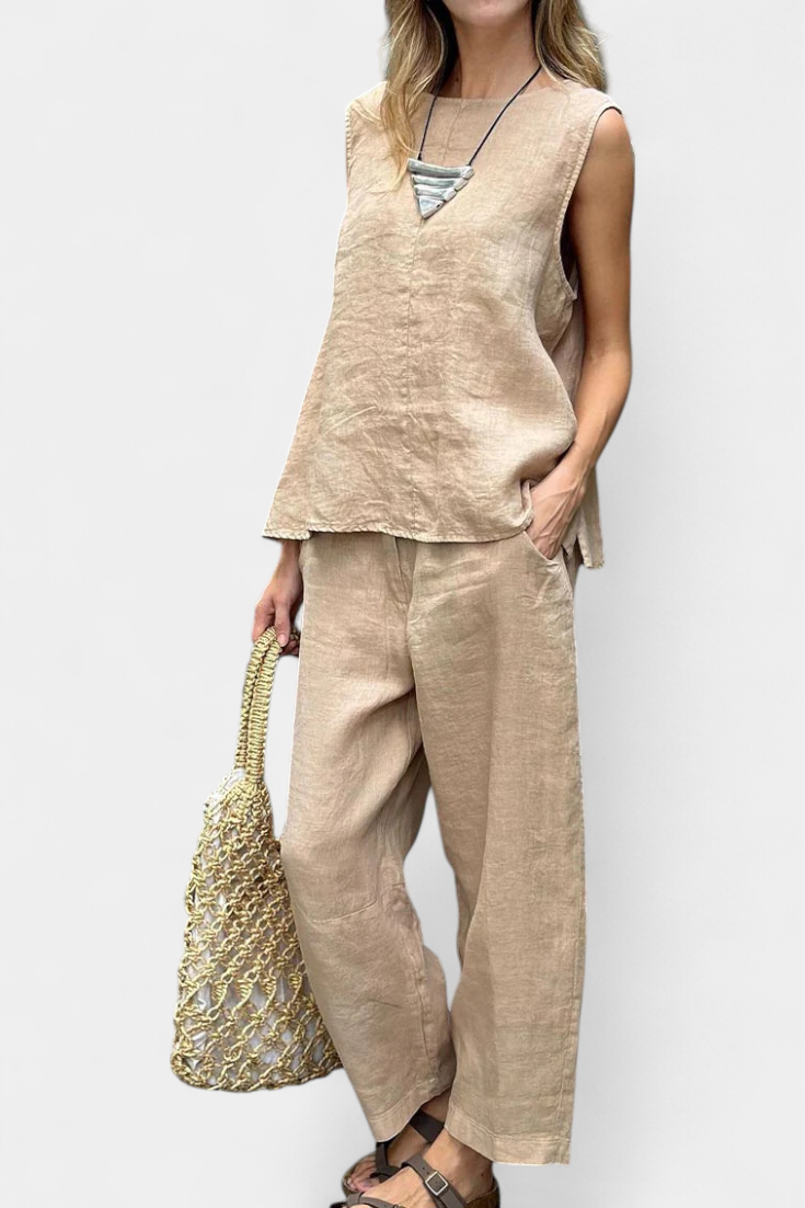 Lola – Conjunto de Chaleco y Pantalón Sin Mangas en Algodón Lino con Estilo Único y Elegante