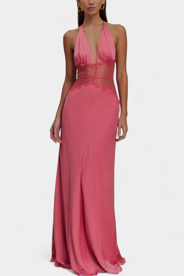Clara – Vestido Largo Halter con Encaje Elegante para Brillar en Cada Ocasión