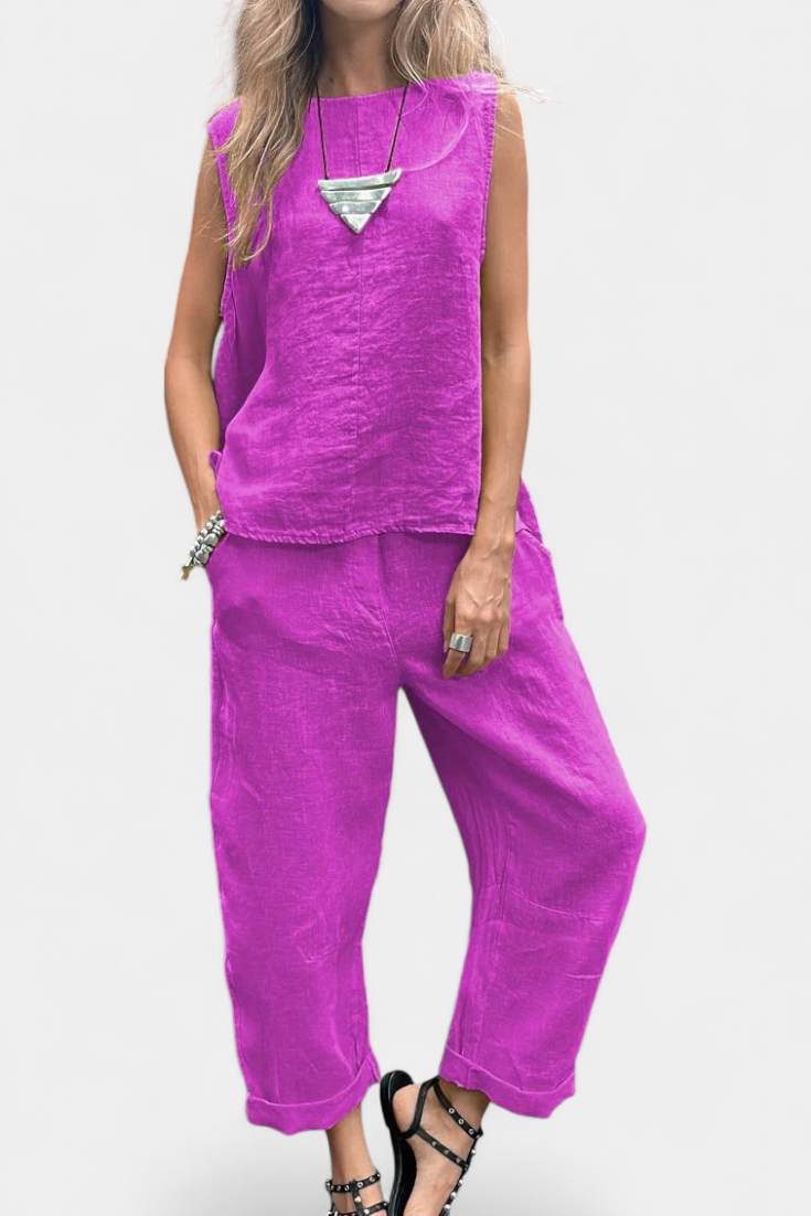 Lola – Conjunto de Chaleco y Pantalón Sin Mangas en Algodón Lino con Estilo Único y Elegante