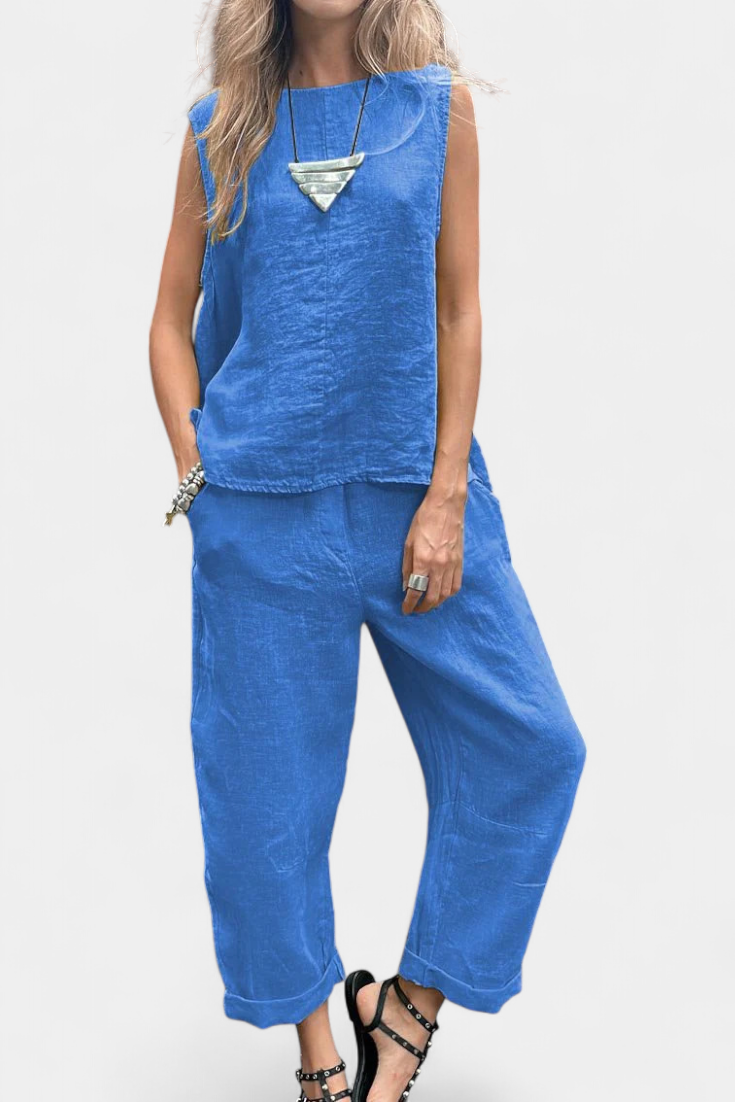 Lola – Conjunto de Chaleco y Pantalón Sin Mangas en Algodón Lino con Estilo Único y Elegante