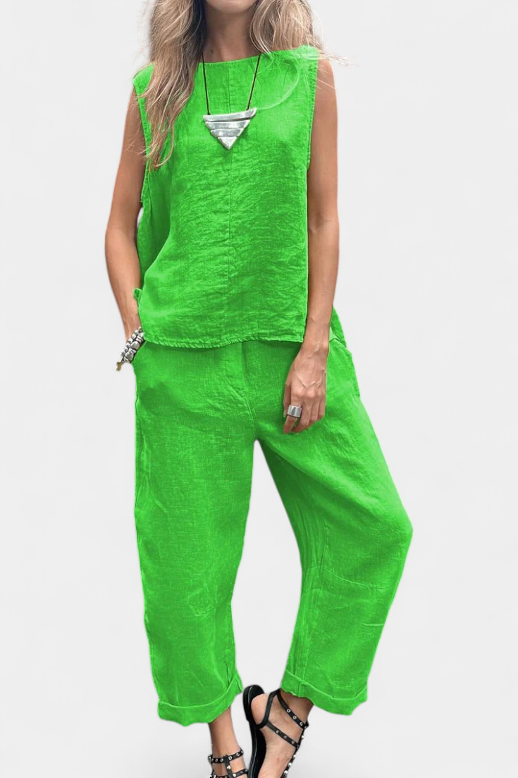 Lola – Conjunto de Chaleco y Pantalón Sin Mangas en Algodón Lino con Estilo Único y Elegante