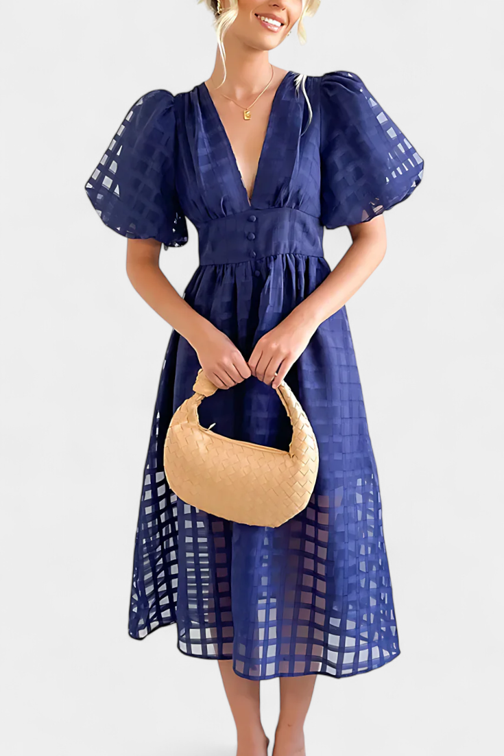 Claudia – Vestido Midi Con Manga Abullonada Y Diseño Elegante Para Brillar Con Estilo