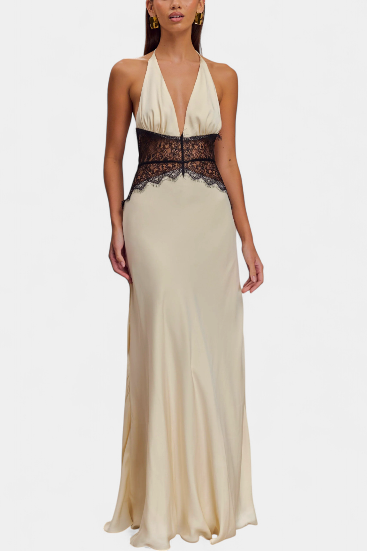 Clara – Vestido Largo Halter con Encaje Elegante para Brillar en Cada Ocasión