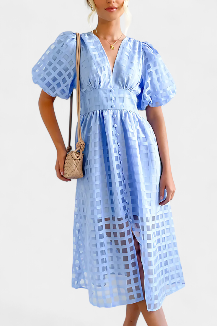 Claudia – Vestido Midi Con Manga Abullonada Y Diseño Elegante Para Brillar Con Estilo