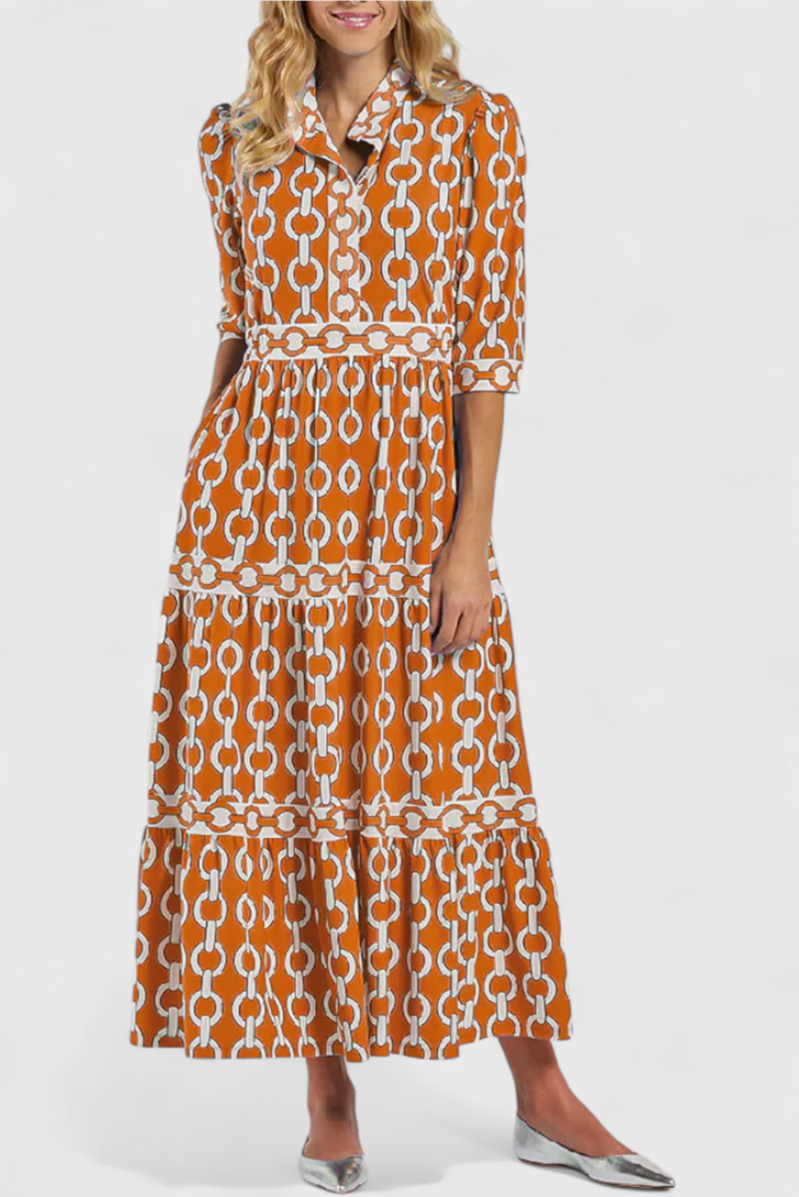 Tania – Vestido Midi con Estampado Único y Sofisticado