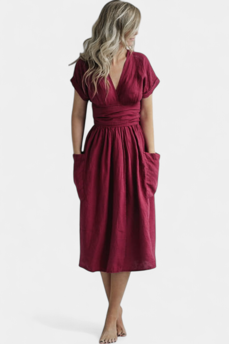 Claudia – Vestido de Algodón con Escote en V y Cintura Ajustable para una Elegancia Confortable